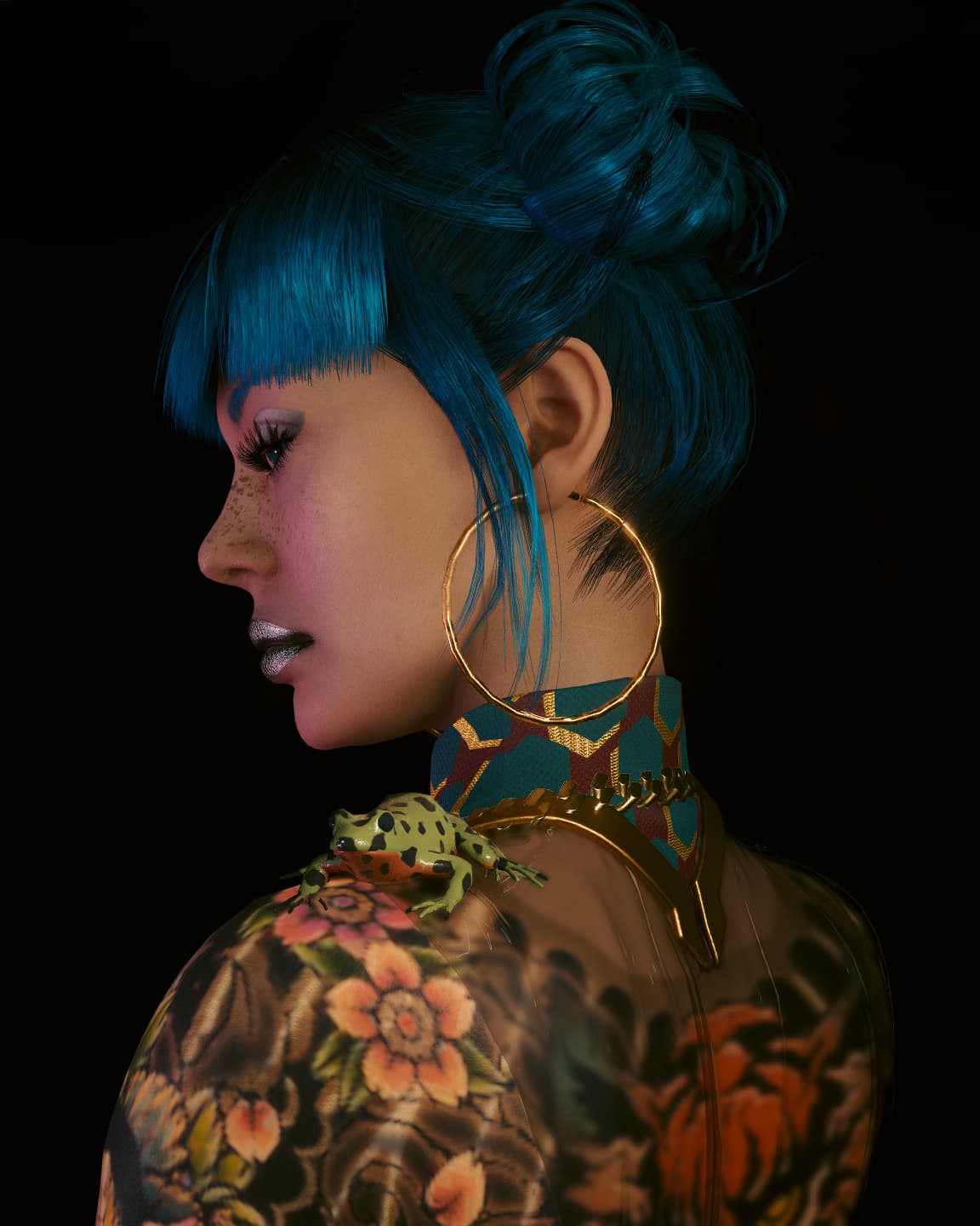 Cheri Pt. 2 — color portrait, blue hair, vivid tattoo sleeve, warm light
