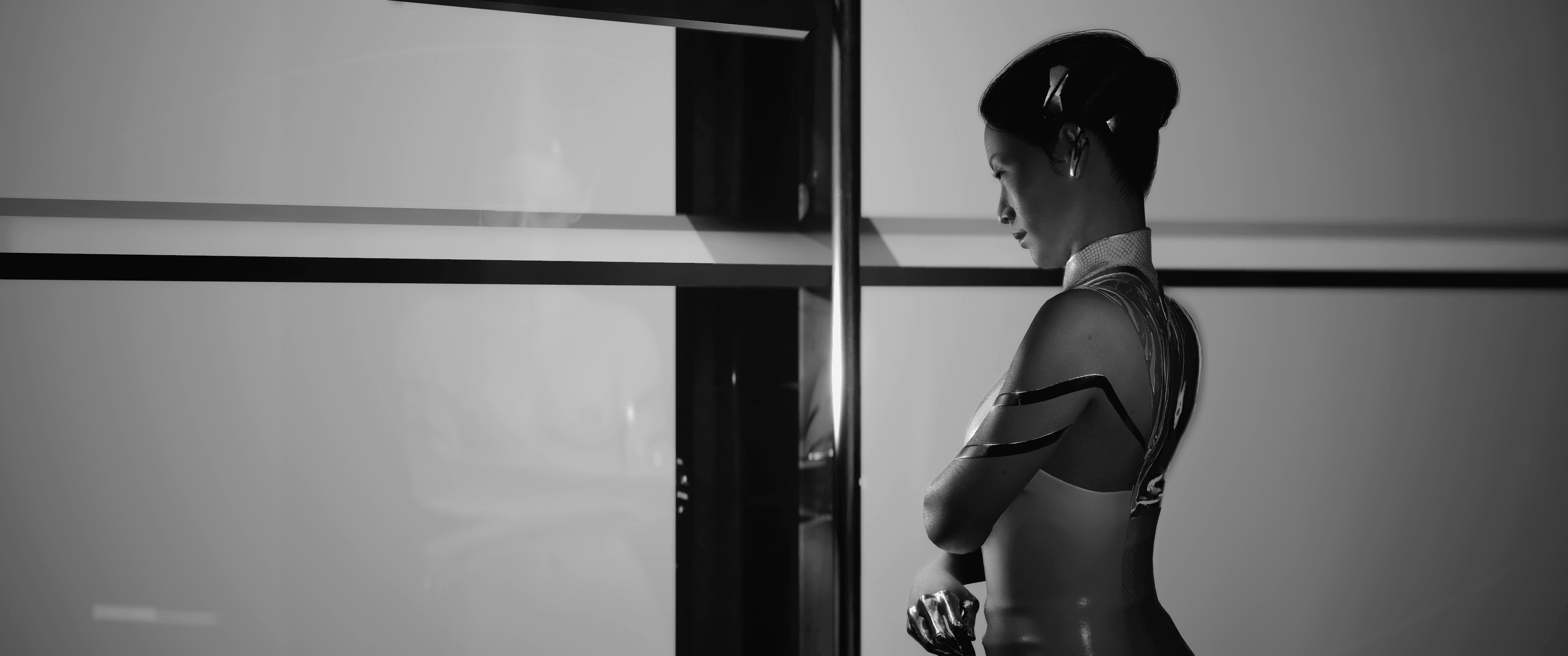 Hanako — side profile, arms crossed, reflected in glass architecture, B&W