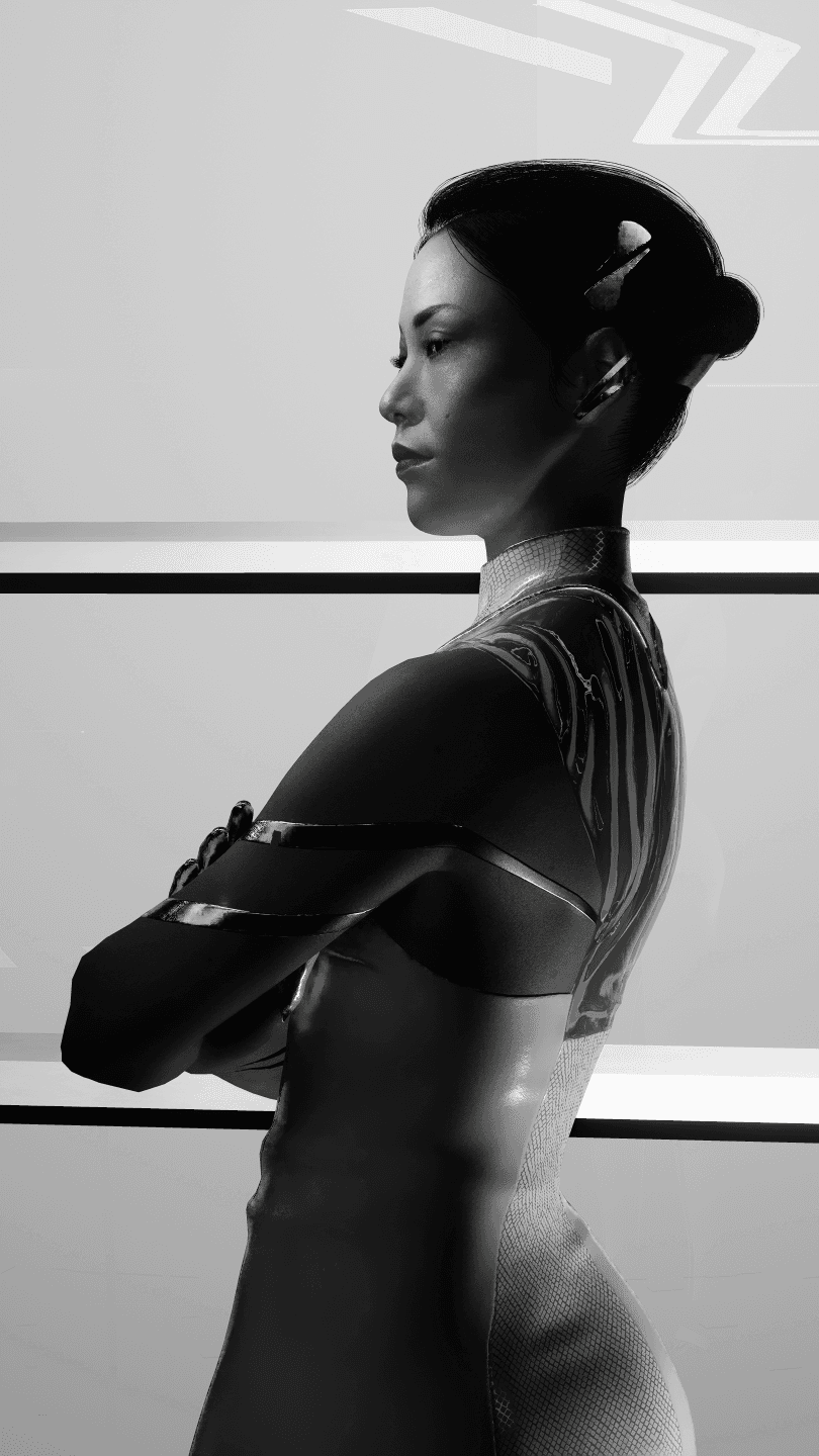 Hanako — vertical portrait, 3/4 view, arms crossed, architectural background, B&W