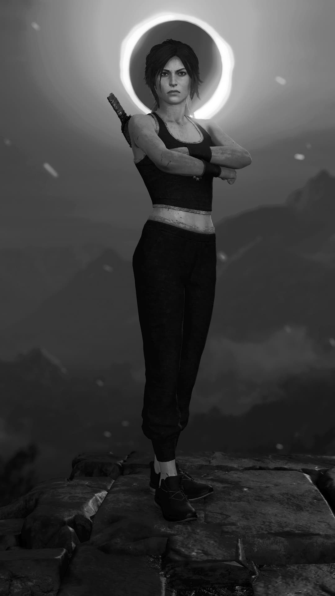 Lara Croft — full-body portrait, glowing halo, B&W, arms crossed