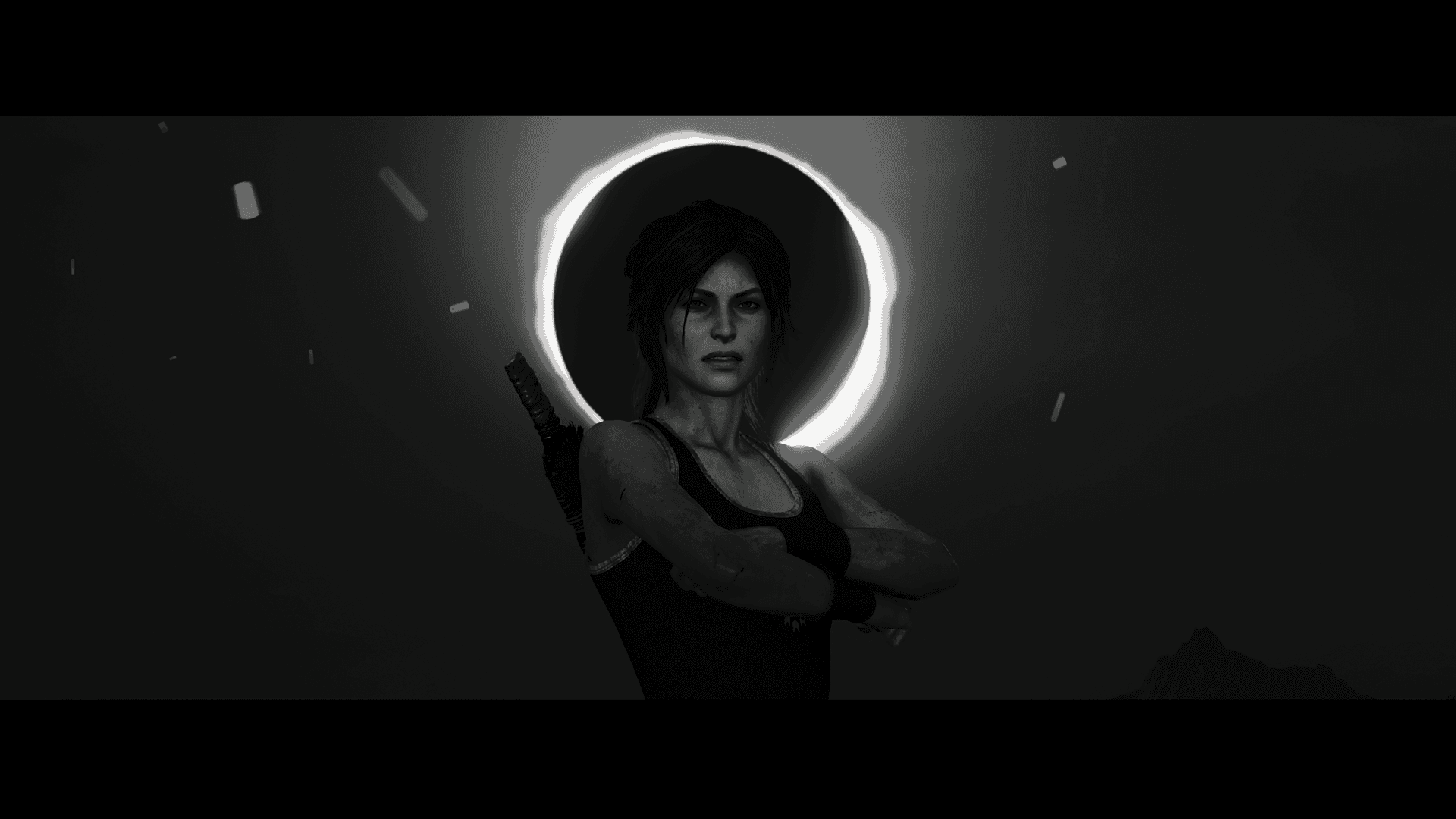 Lara Croft — cinematic wide crop, neon halo ring, dark environment