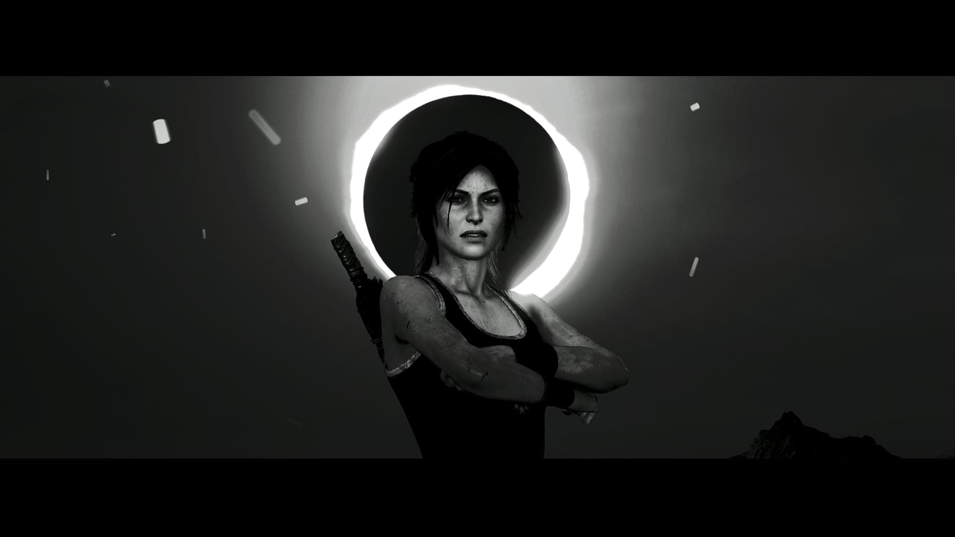 Lara Croft — close-up bust portrait, B&W, halo glow
