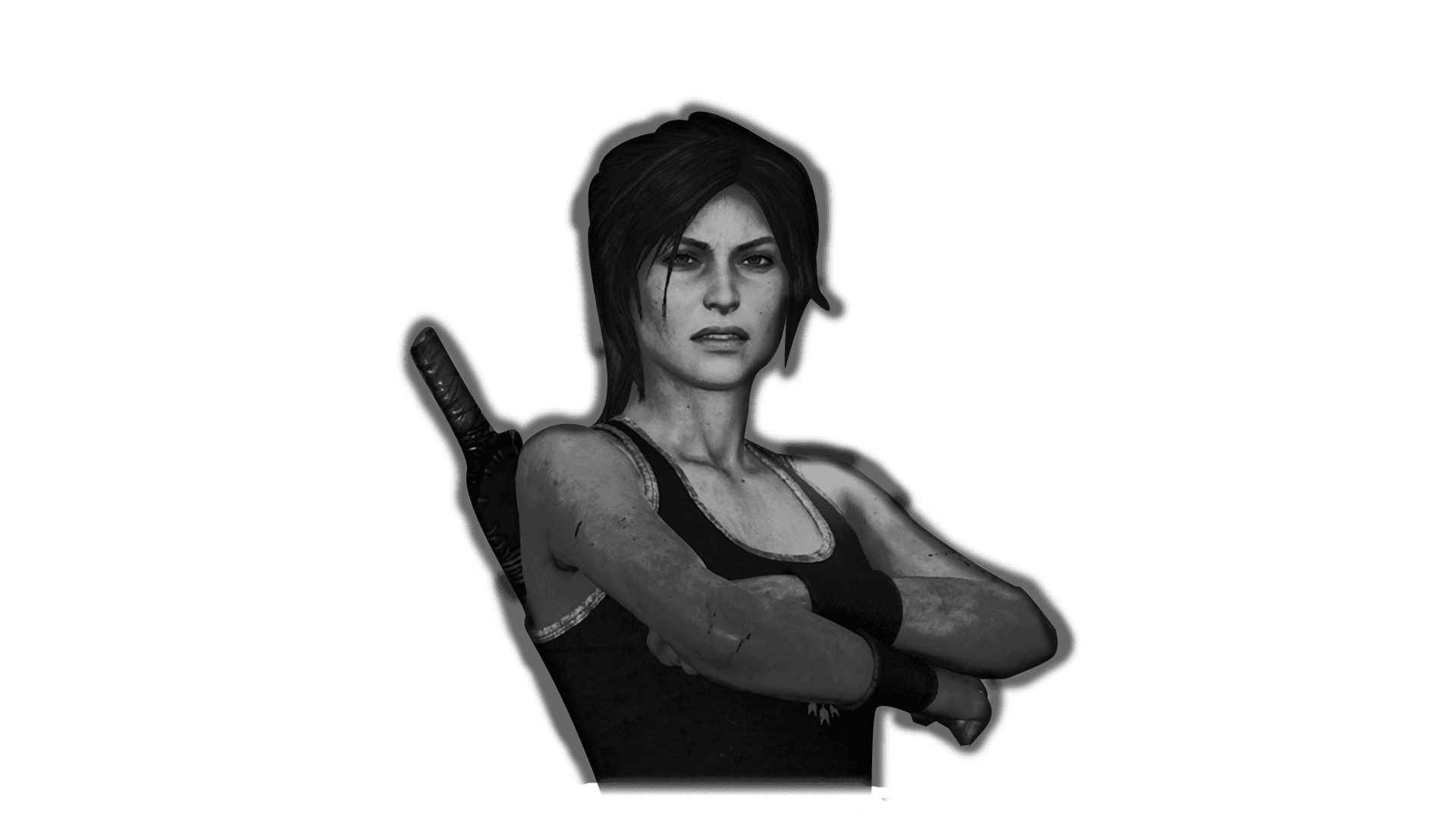Lara Croft — isolated cutout asset, masking step, upper body B&W