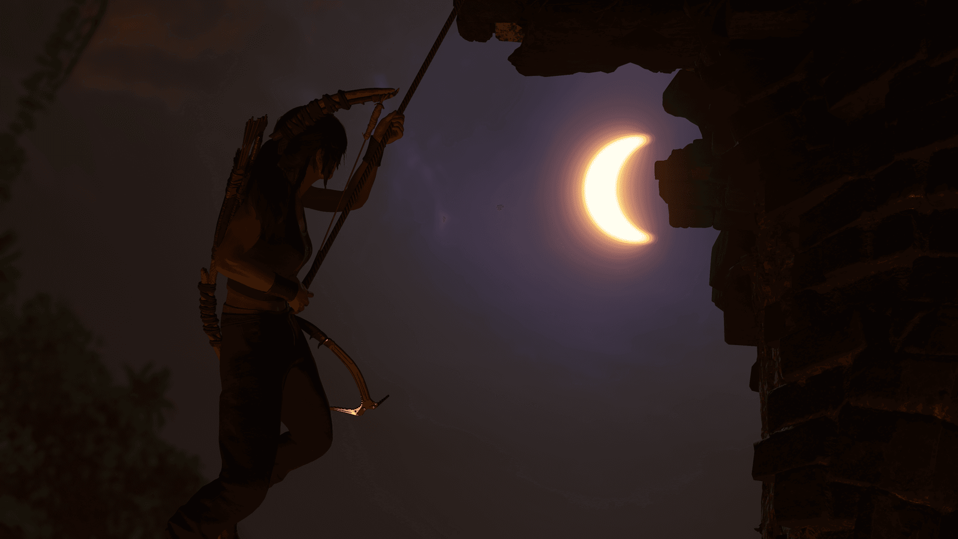 Lara Croft — eclipse climb, silhouette against crescent moon, cinematic