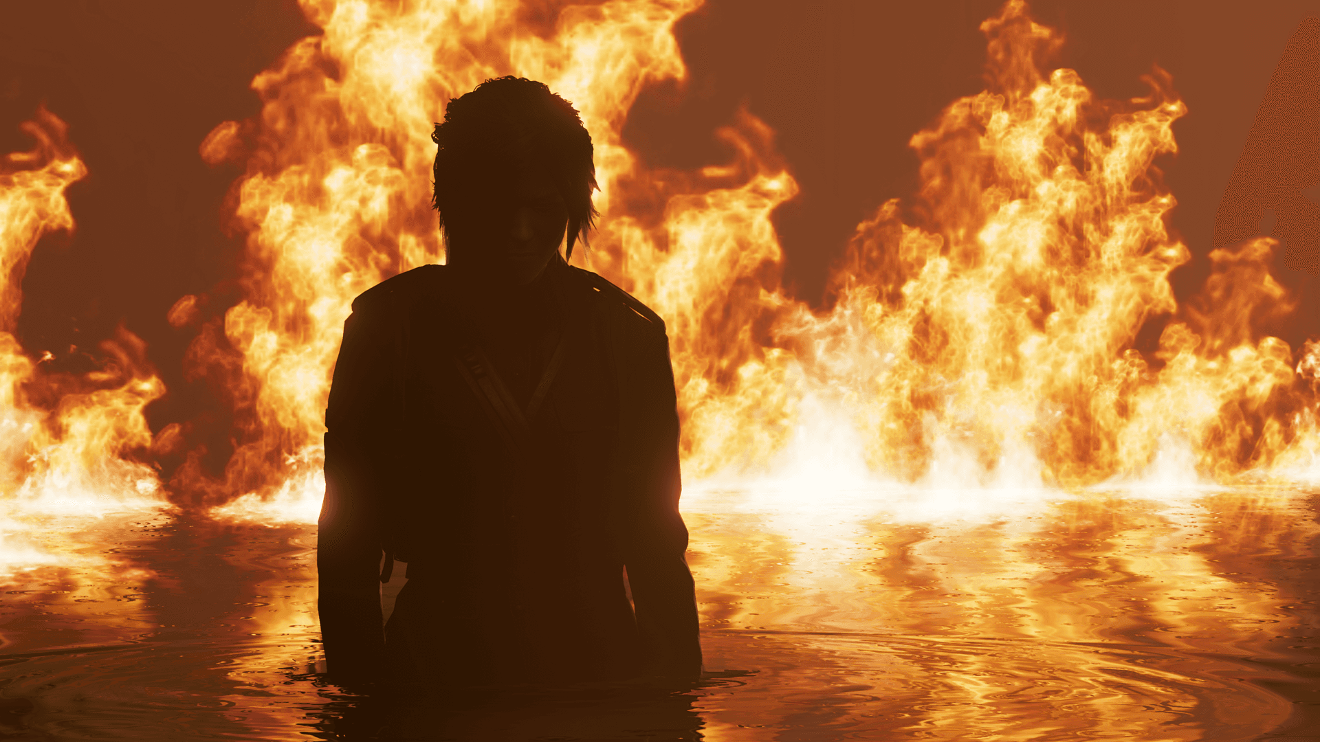 Lara Croft — fire silhouette, wading through inferno, cinematic scene