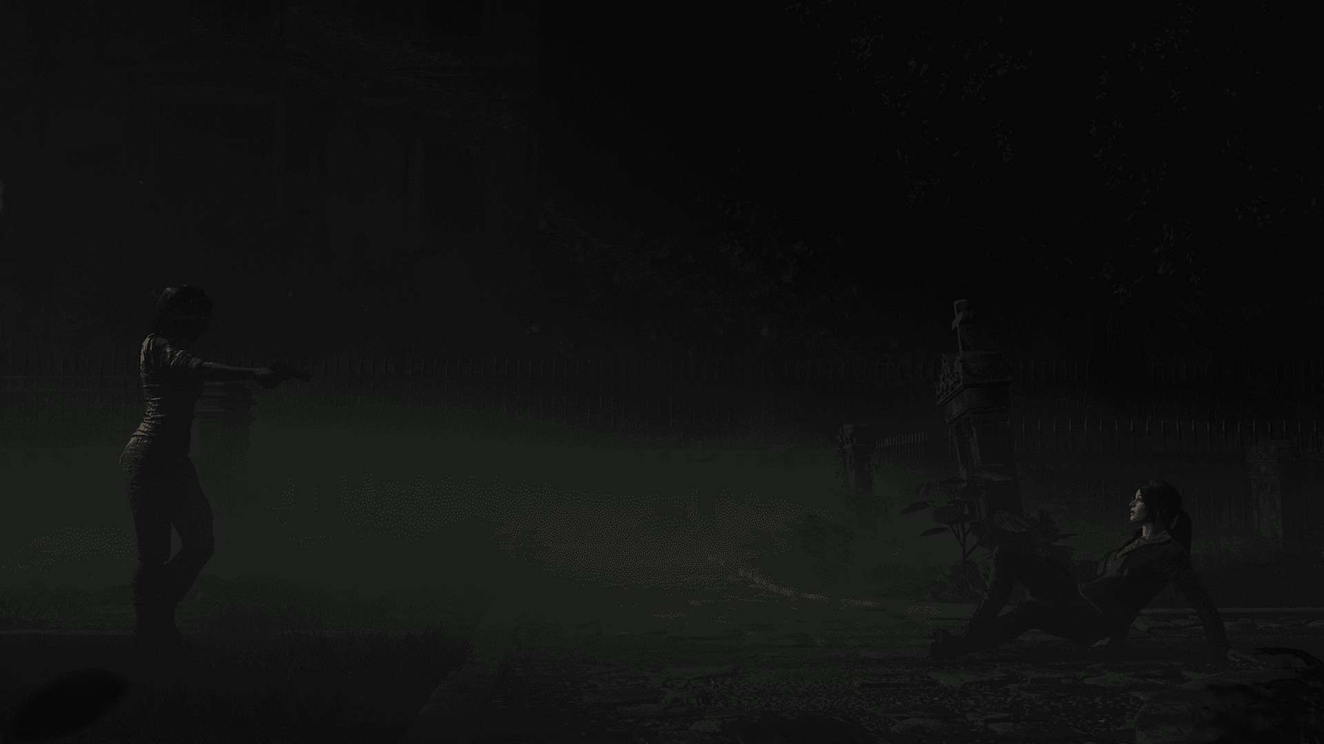 Lara Croft — dark jungle confrontation, two figures, rain and mist
