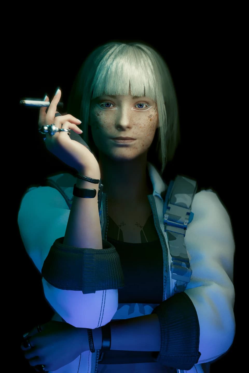 Privacy — base character portrait, cigarette, editorial blue atmosphere