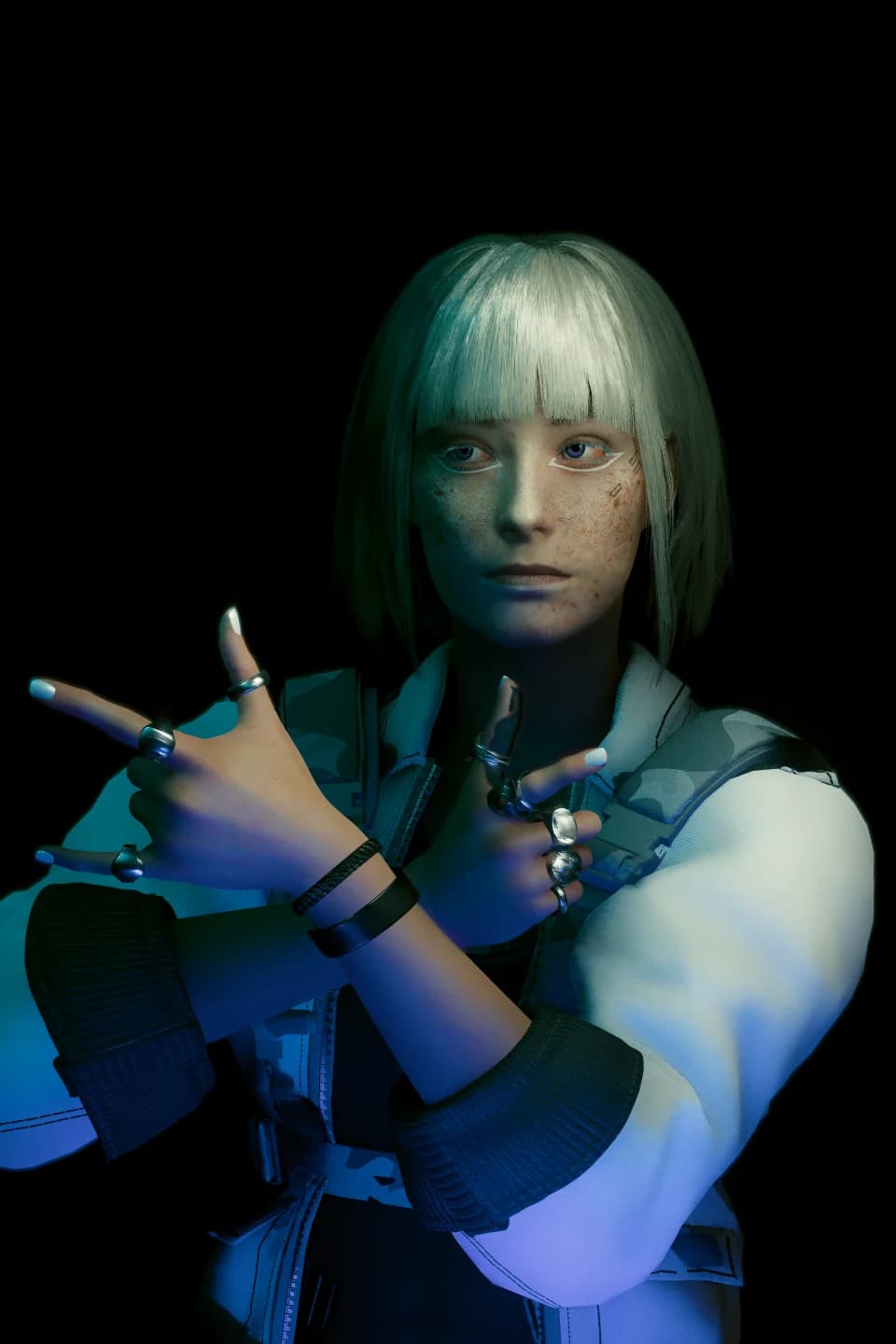 Privacy — base character portrait, hand gesture, blue light