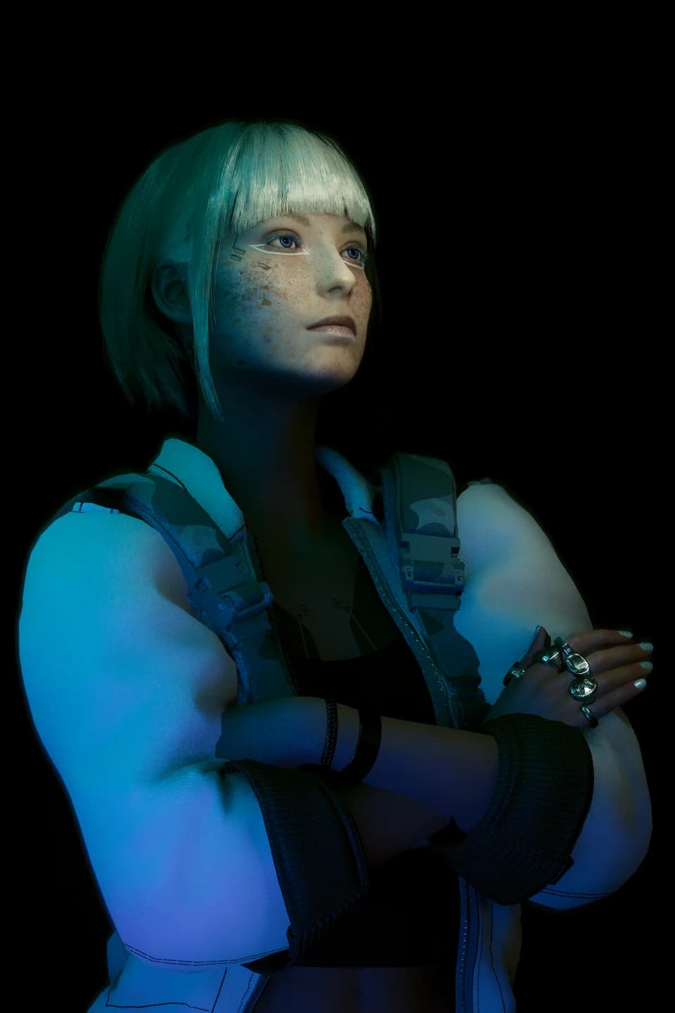 Privacy — base character portrait, arms crossed, blue rim light, tactical outfit