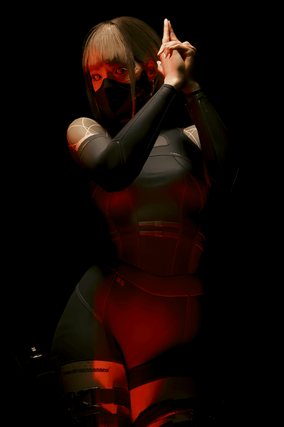 Sandevistan — photoshoot, hard red dramatic light, masked portrait