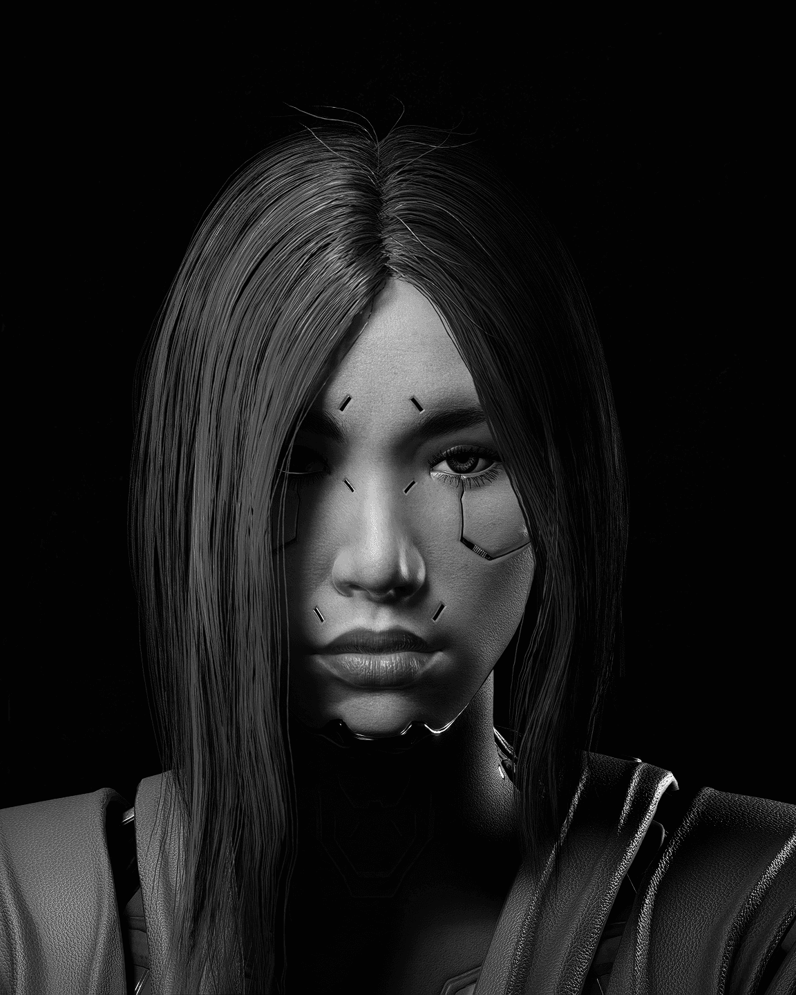 SoMi — B&W portrait alternate angle, high-contrast monochrome