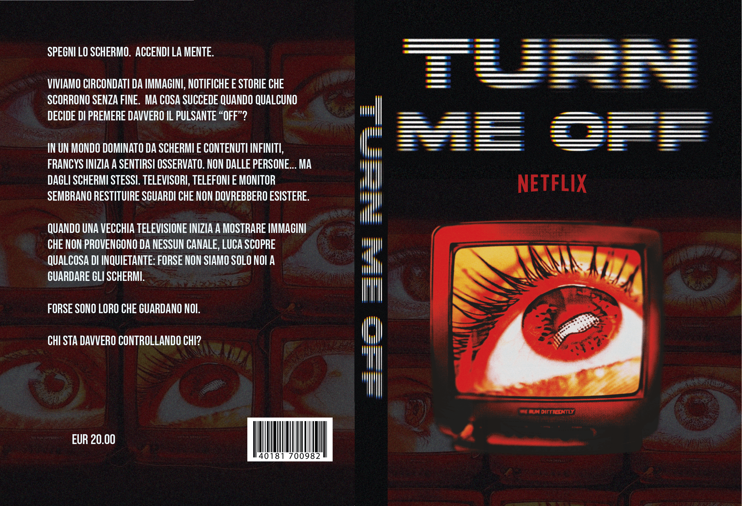 Turn Me Off — flat cover design, CRT eye motif, glitch title treatment, 2026