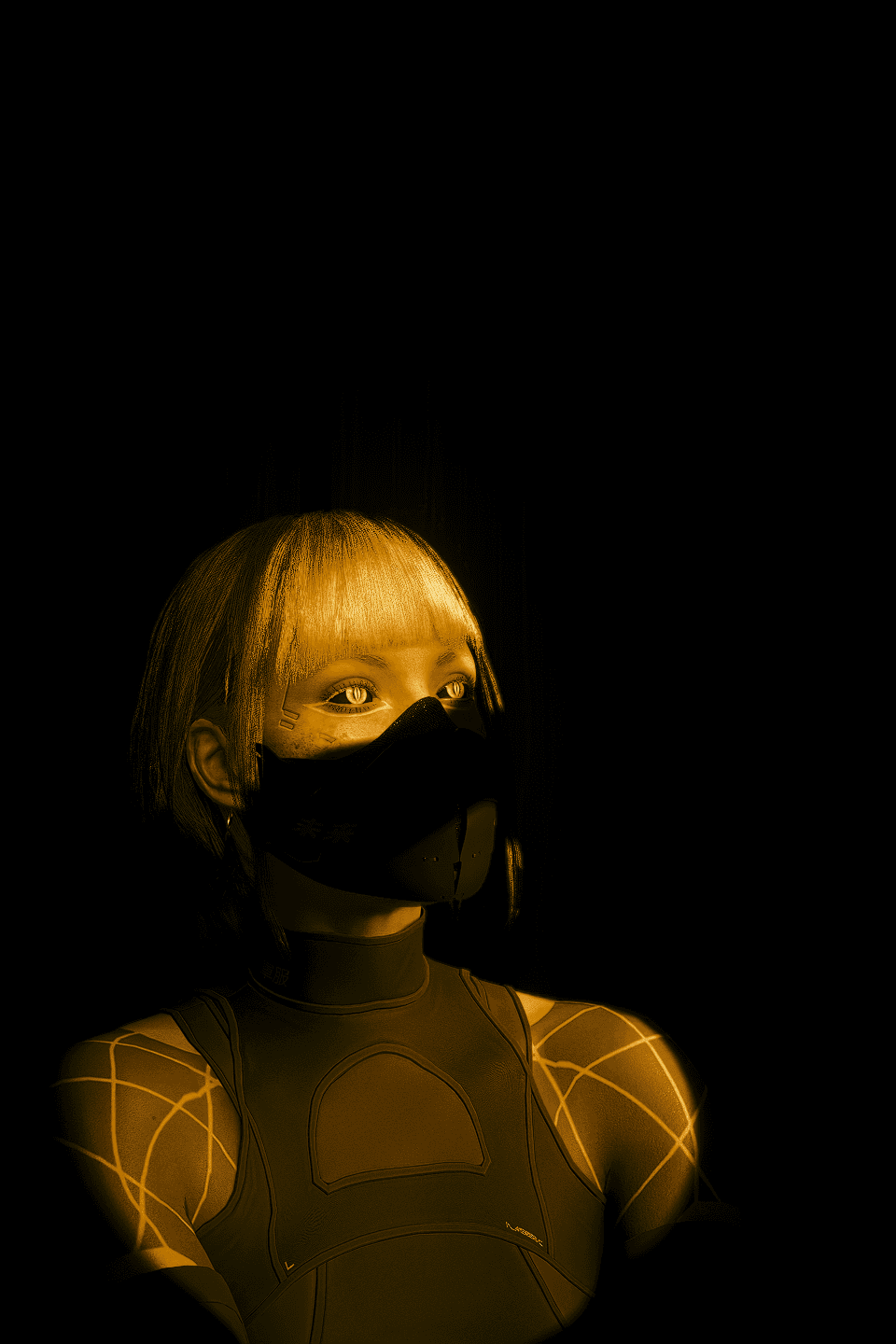 V — photoshoot, golden ambient light, masked figure portrait